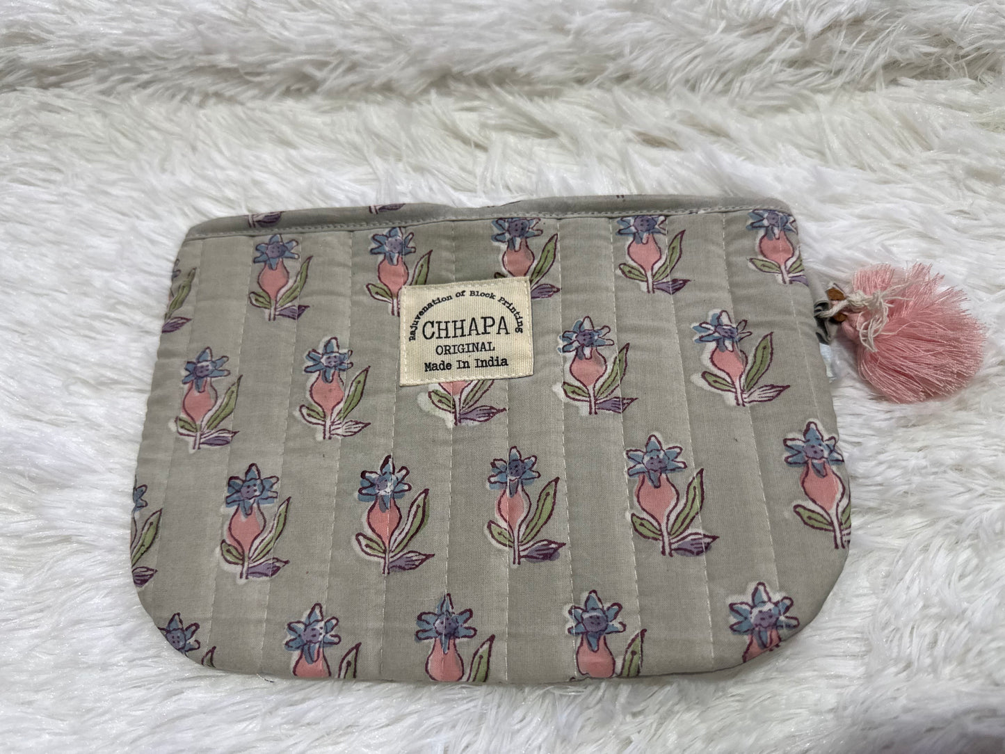 Chhapa - Pink Flower in Grey Pouch