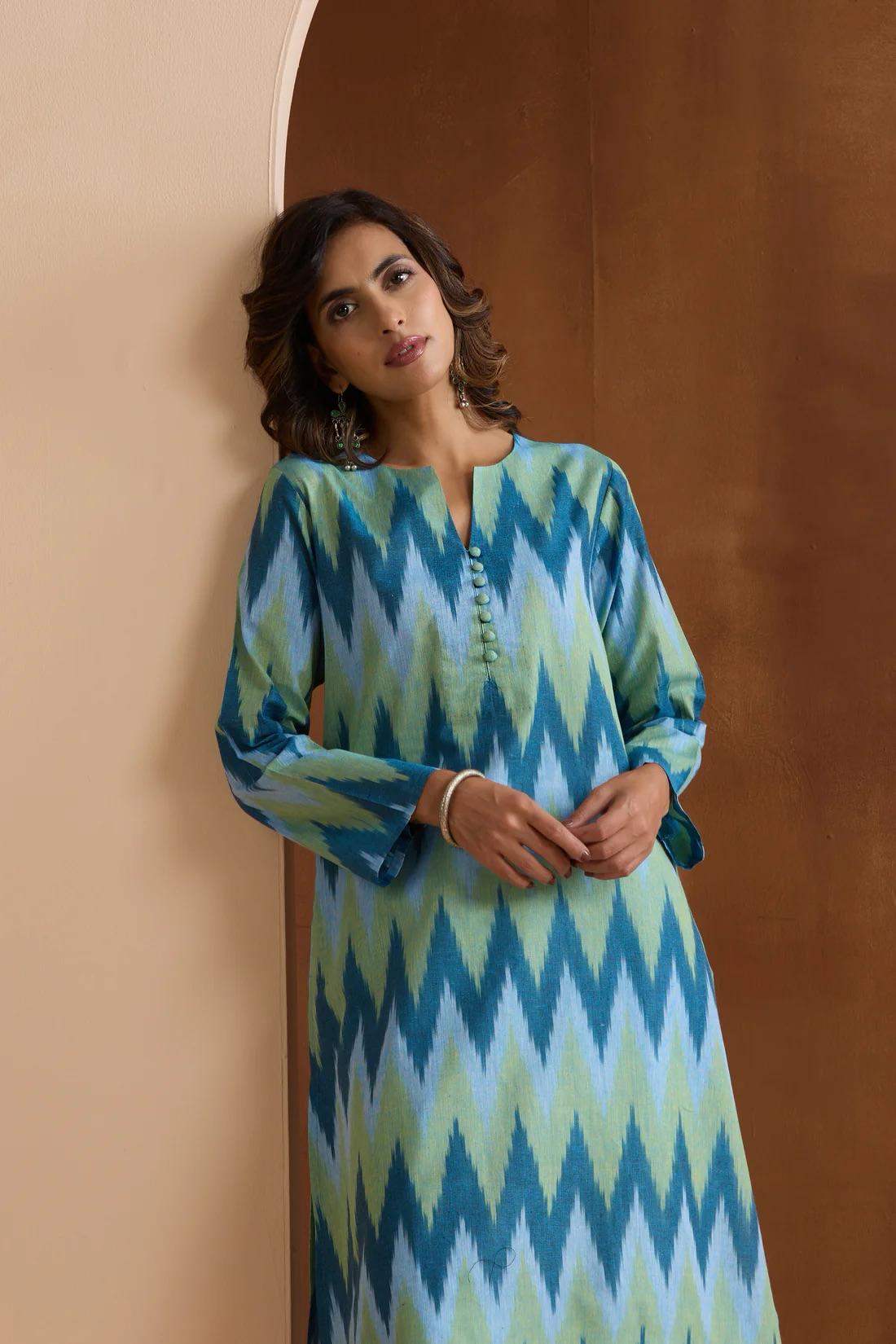 Murraya - Blue Marla Ikat Handloom Cotton Kurta Set of 2