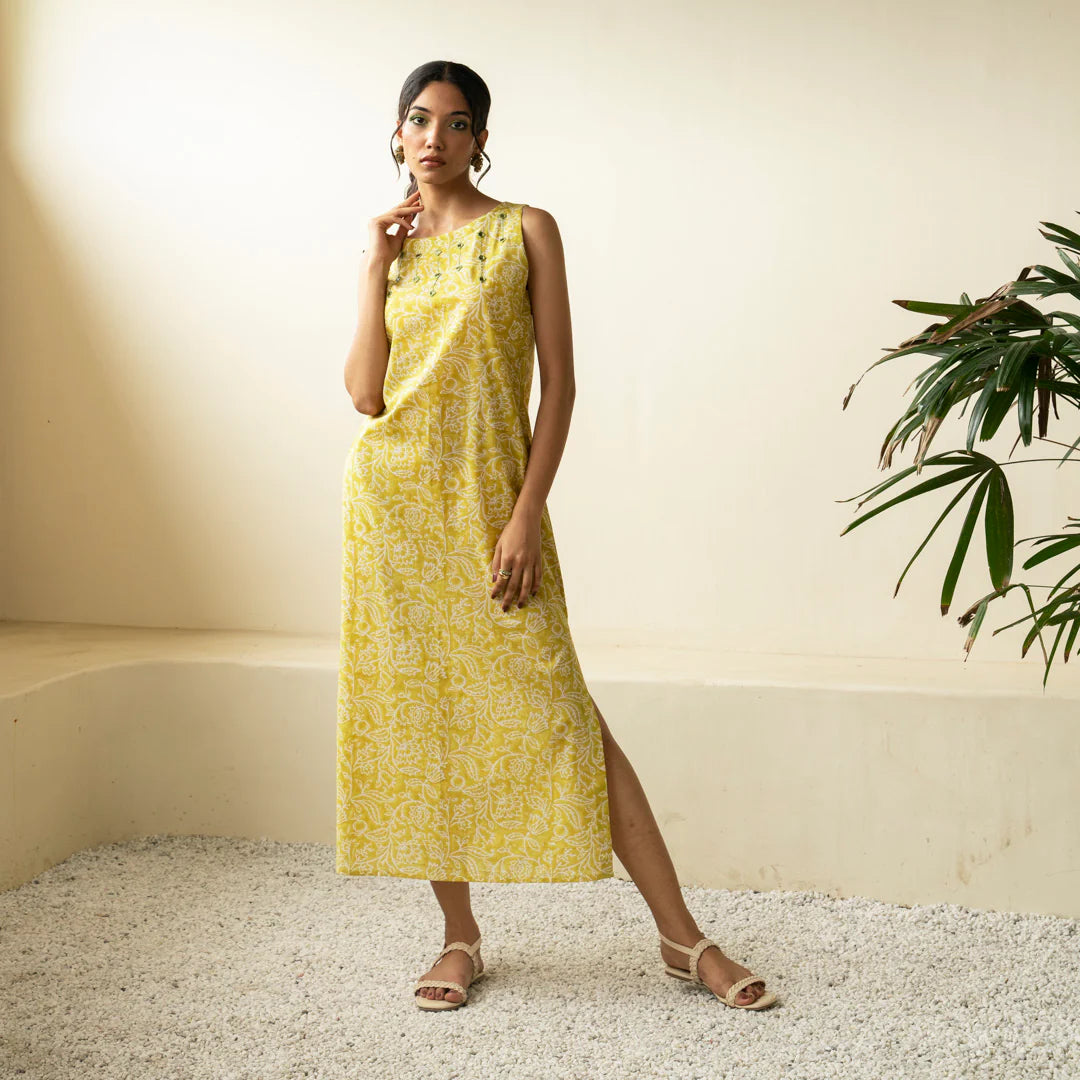 Akiso - Chartreuse green hand block printed straight fit dress