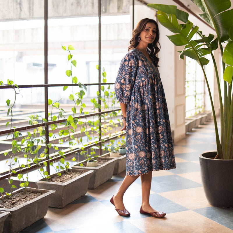 Akiso - Blue Block Printed Fit and Flare Dress