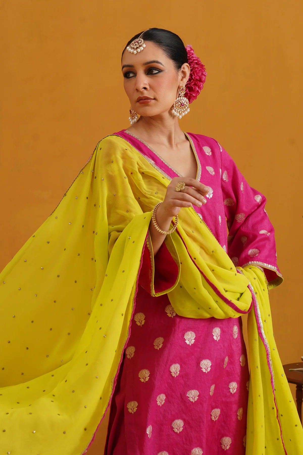 Murraya - Pink Lotus Banarasi Kurta Set of 3 with Farsi pants