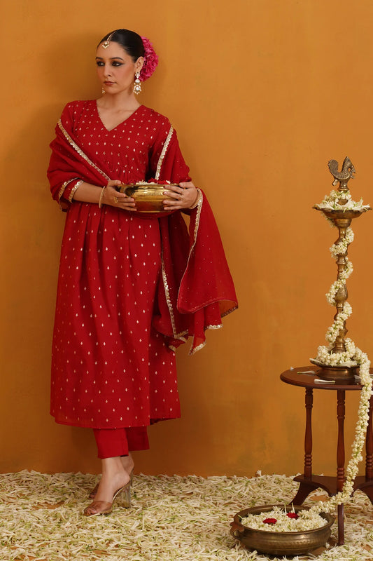 Murraya - Red Vermilion Embroidered Banarasi Kurta Set of 3