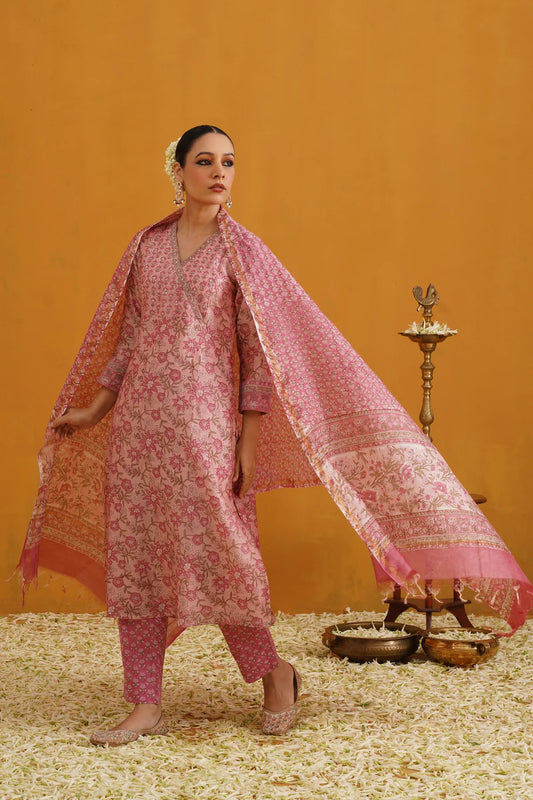 Murraya - Pink Paloma Embroidered Chanderi Kurta Set of 3