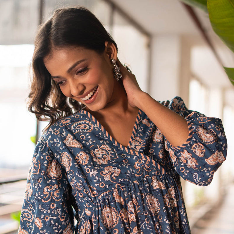 Akiso - Blue Block Printed Fit and Flare Dress