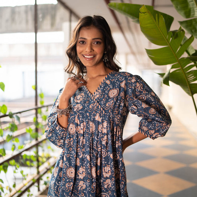 Akiso - Blue Block Printed Fit and Flare Dress