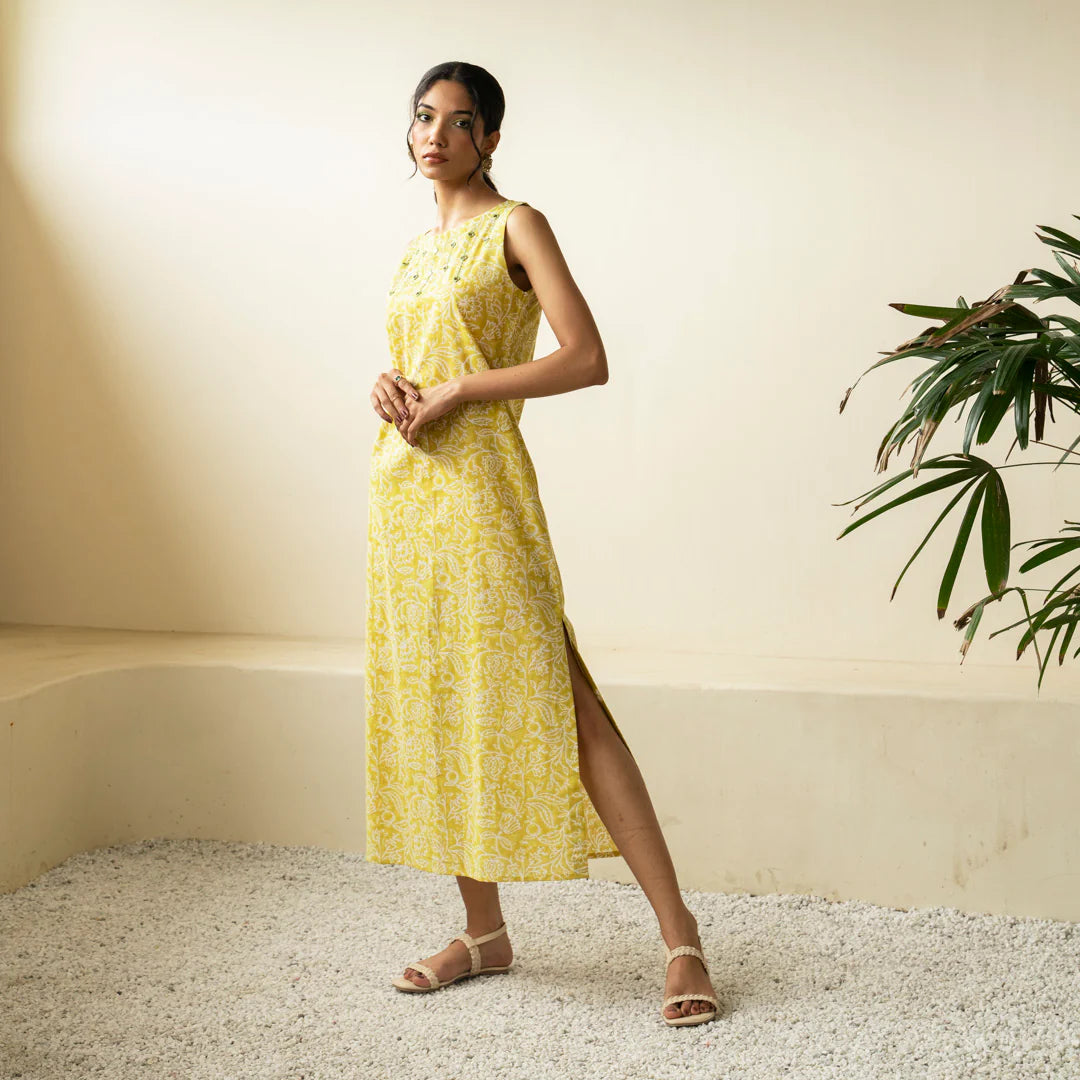 Akiso - Chartreuse green hand block printed straight fit dress