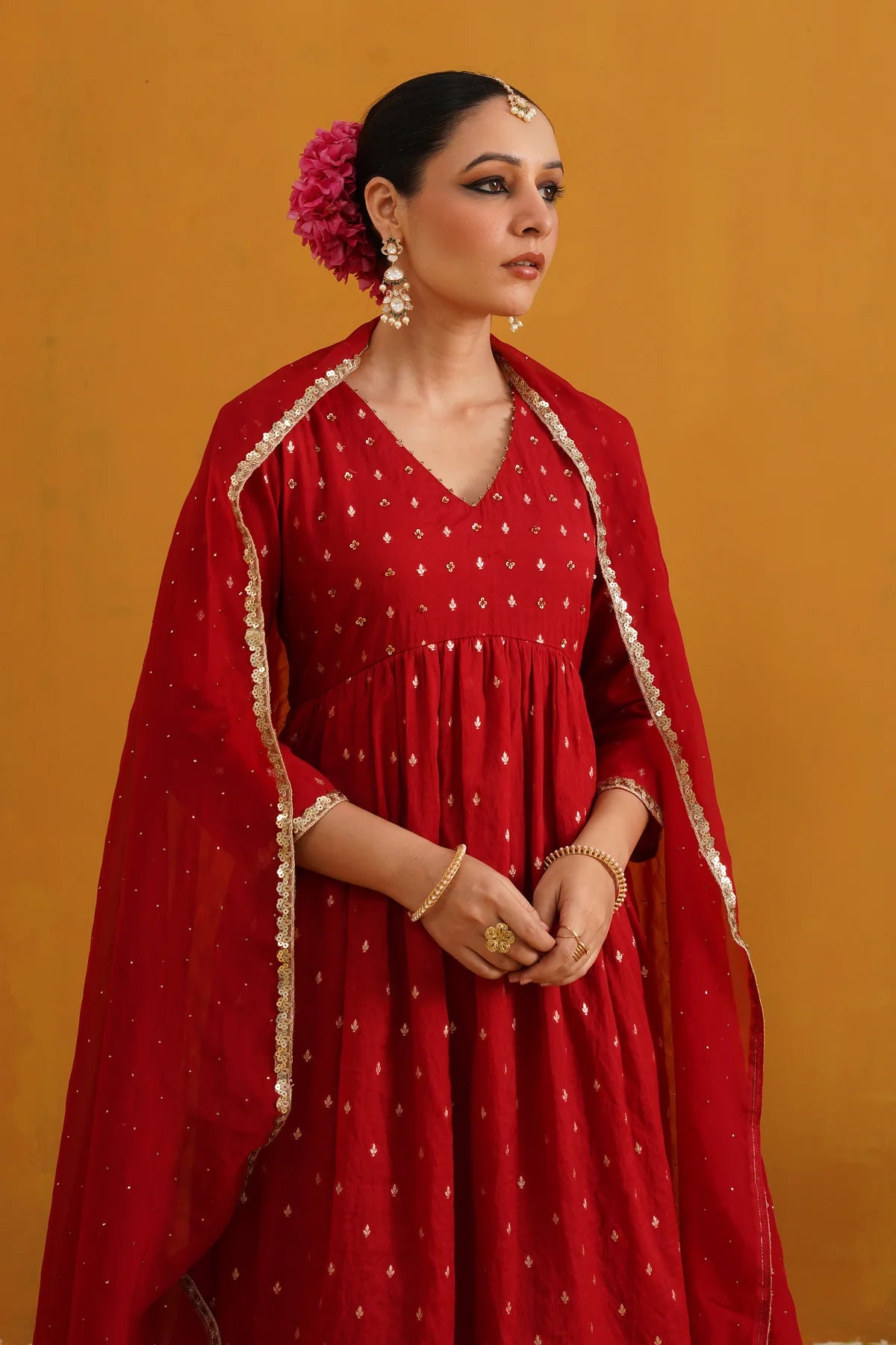 Murraya - Red Vermilion Embroidered Banarasi Kurta Set of 3