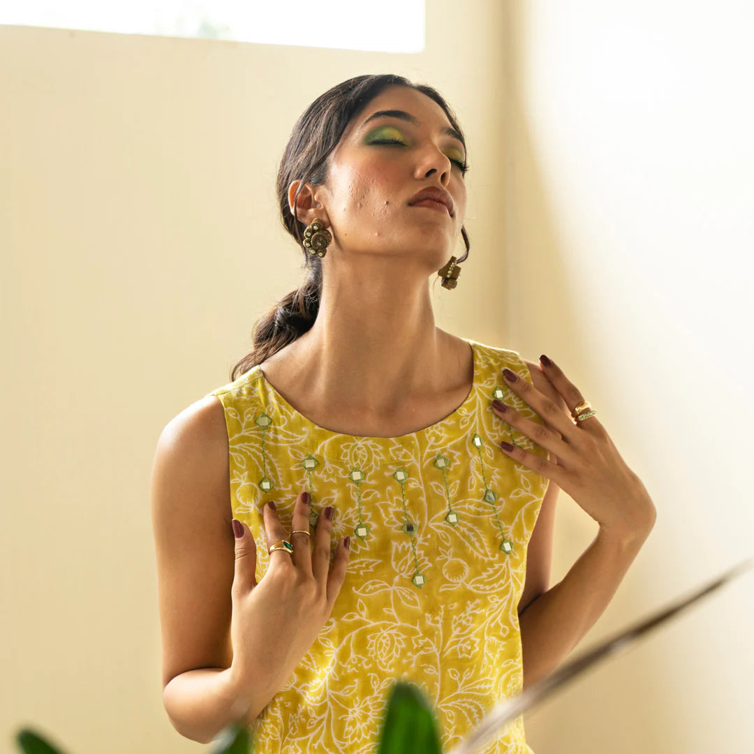 Akiso - Chartreuse green hand block printed straight fit dress