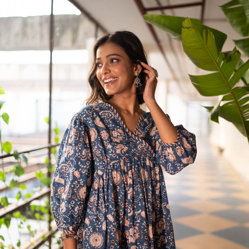 Akiso - Blue Block Printed Fit and Flare Dress