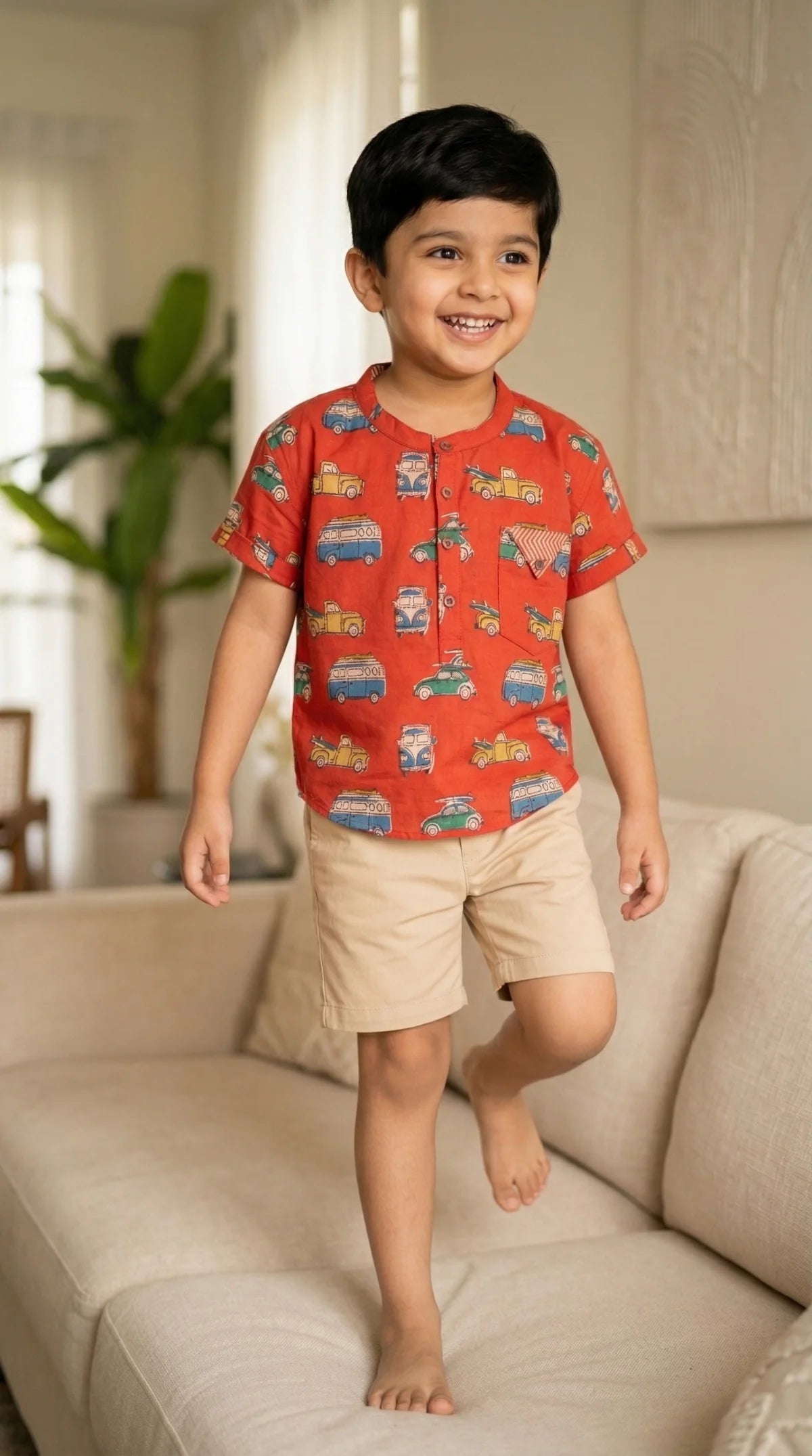 Chhapa - Bagru Maroon Retro Camper Van Shirt