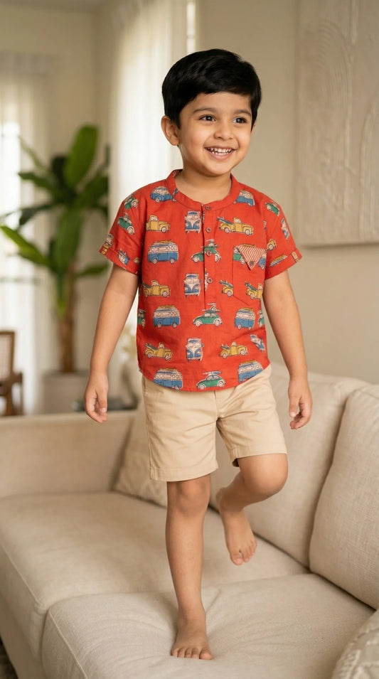 Chhapa - Bagru Maroon Retro Camper Van Shirt