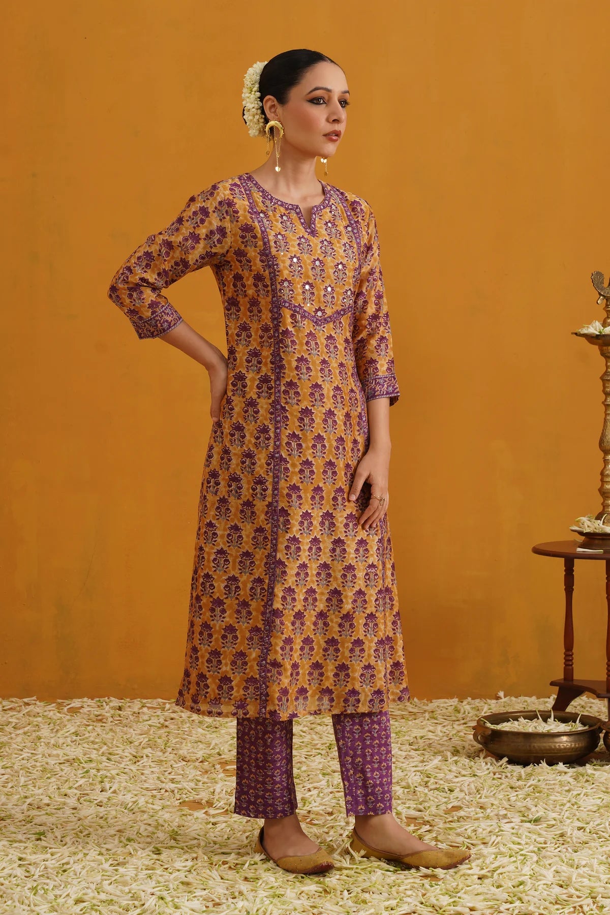 Murraya - Mustard Molly Embroidered Chanderi Kurta Set of 3