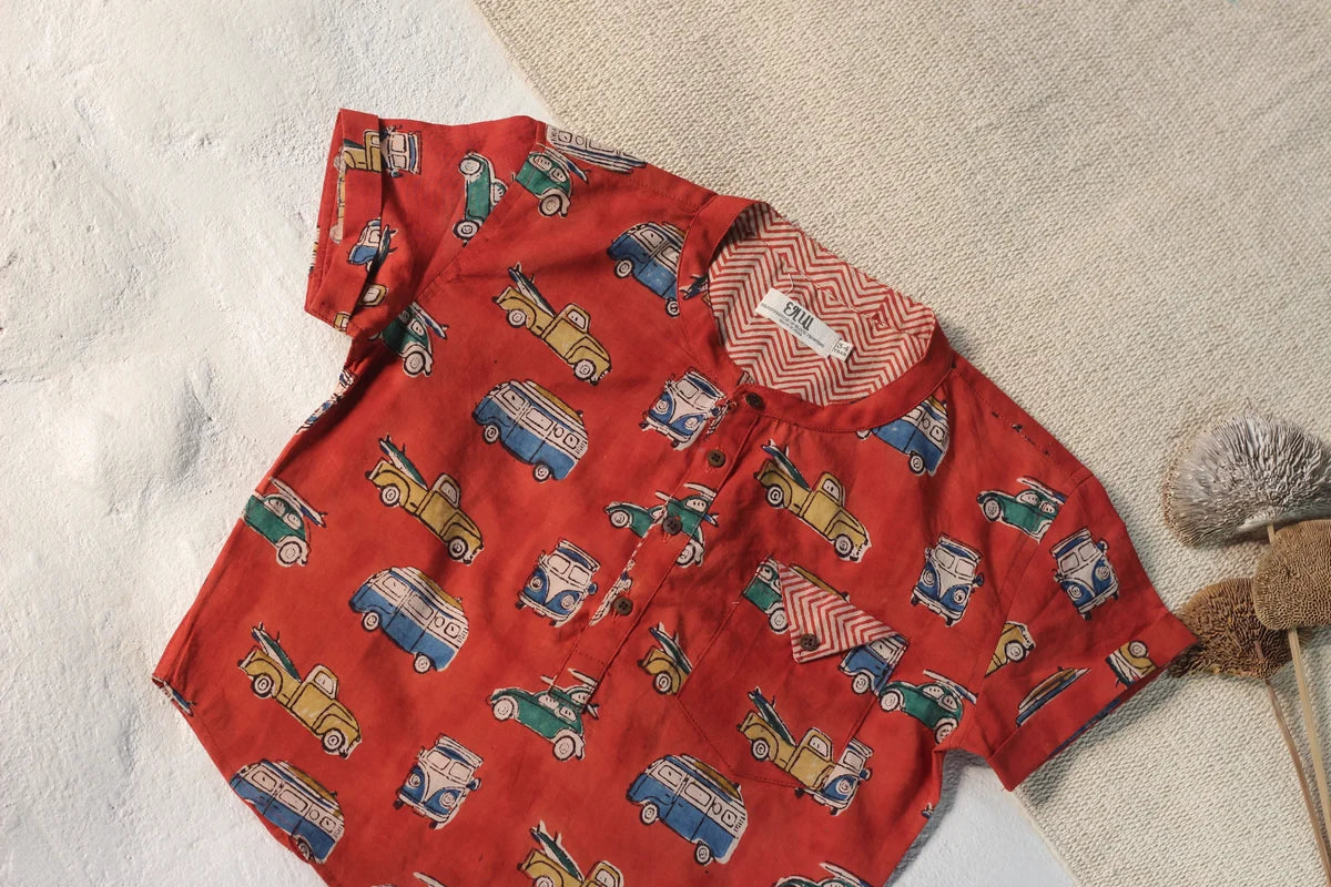 Chhapa - Bagru Maroon Retro Camper Van Shirt