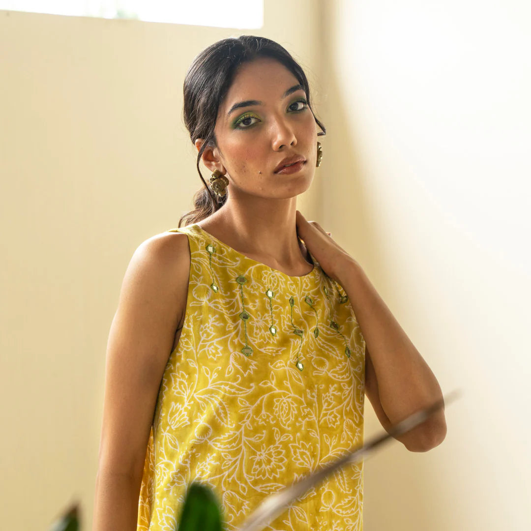 Akiso - Chartreuse green hand block printed straight fit dress