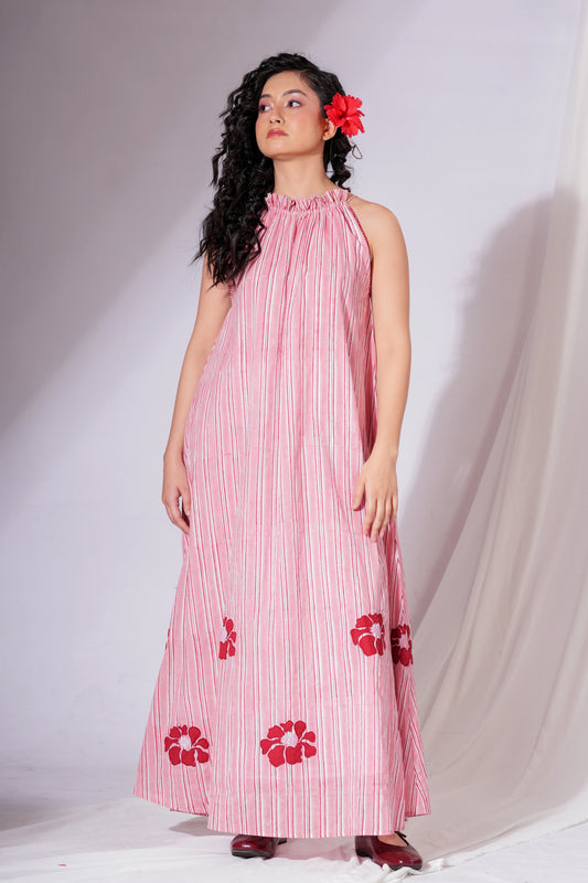 Iksha - Hibiscus Dress | Hand Block Printed Cotton Mul Mul Halterneck