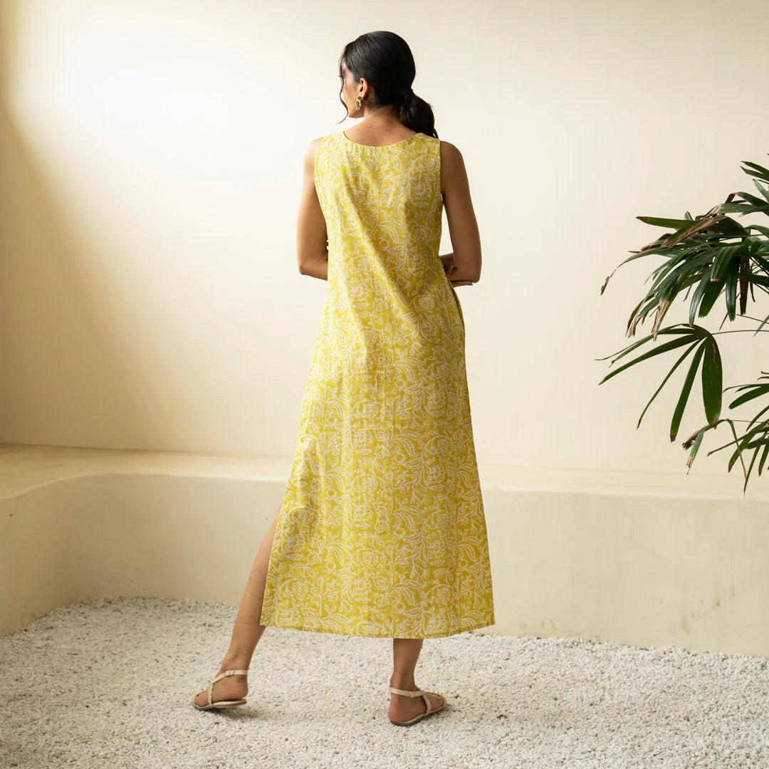 Akiso - Chartreuse green hand block printed straight fit dress