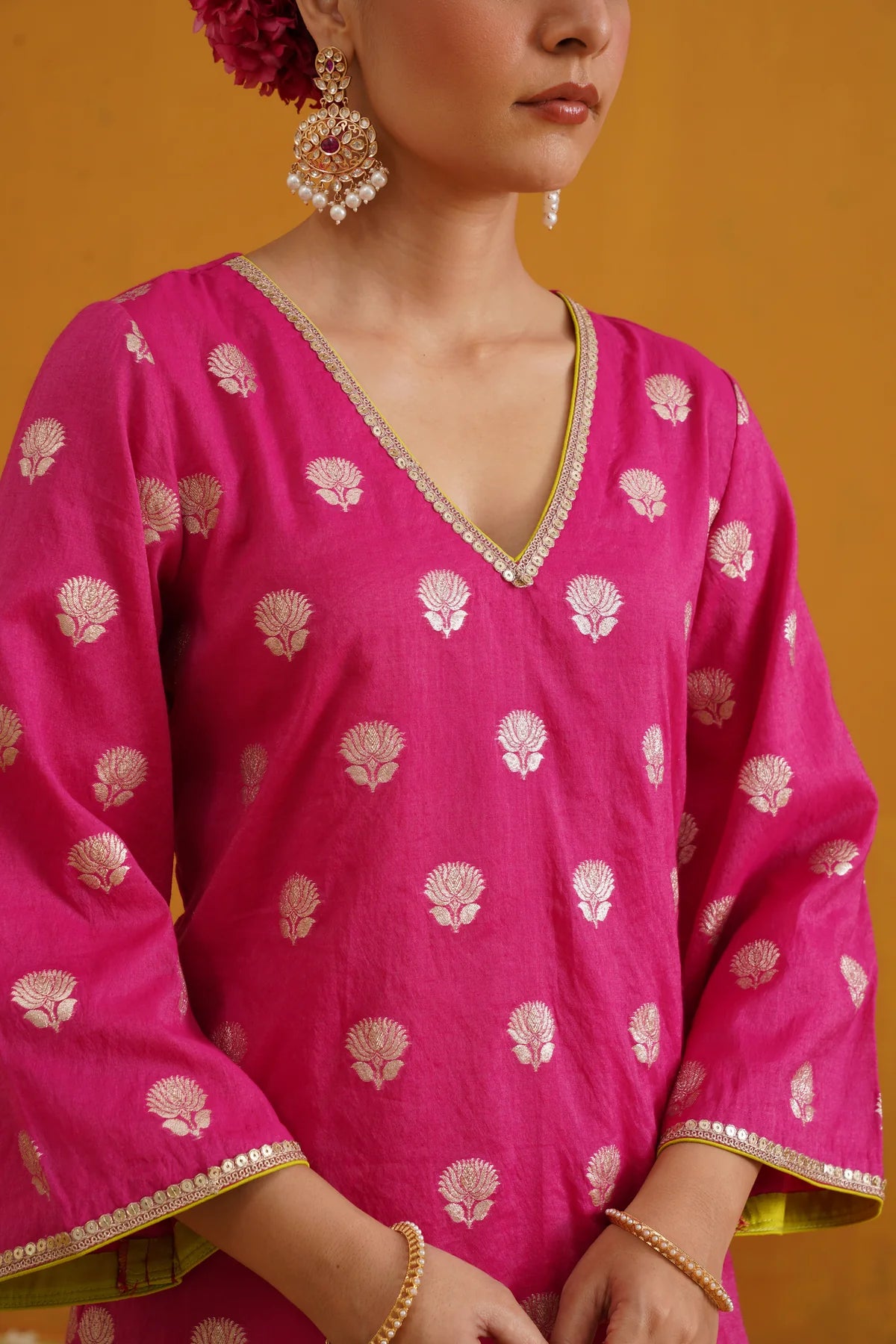 Murraya - Pink Lotus Banarasi Kurta Set of 3 with Farsi pants