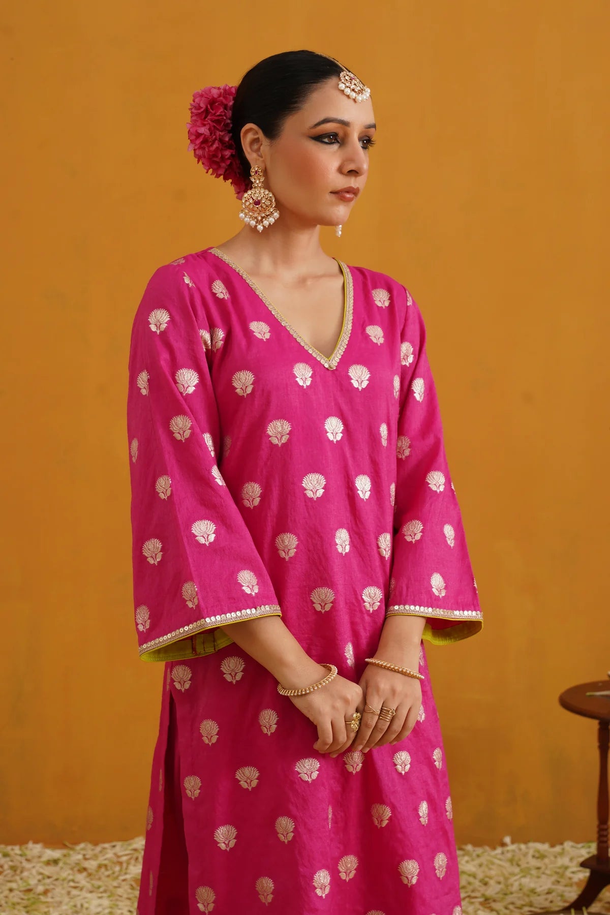 Murraya - Pink Lotus Banarasi Kurta Set of 3 with Farsi pants