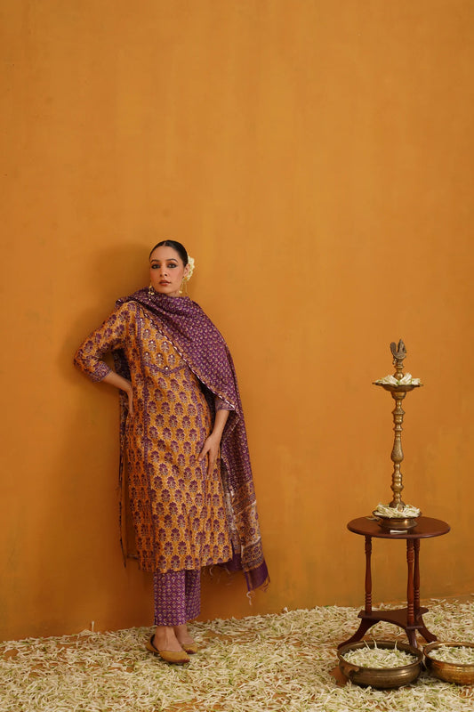 Murraya - Mustard Molly Embroidered Chanderi Kurta Set of 3