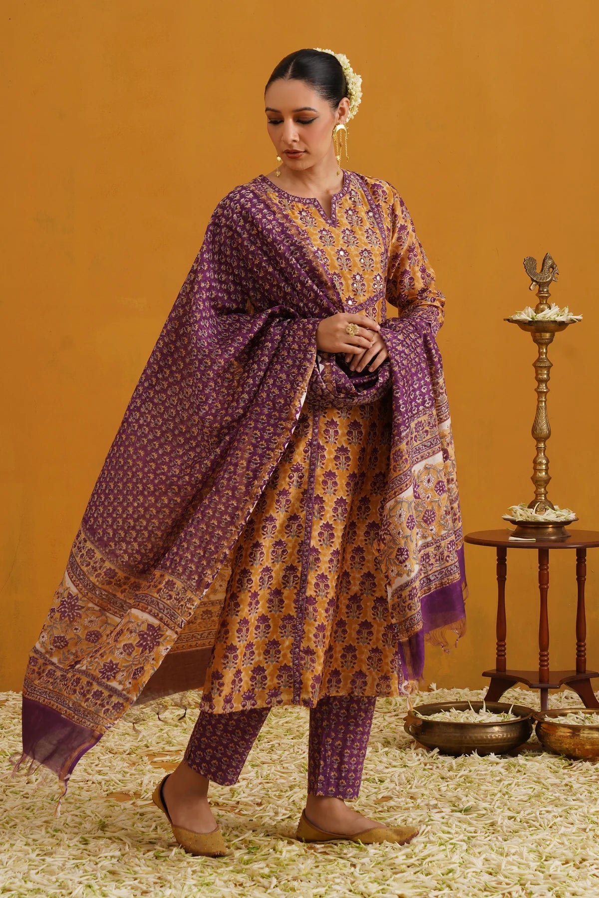 Murraya - Mustard Molly Embroidered Chanderi Kurta Set of 3