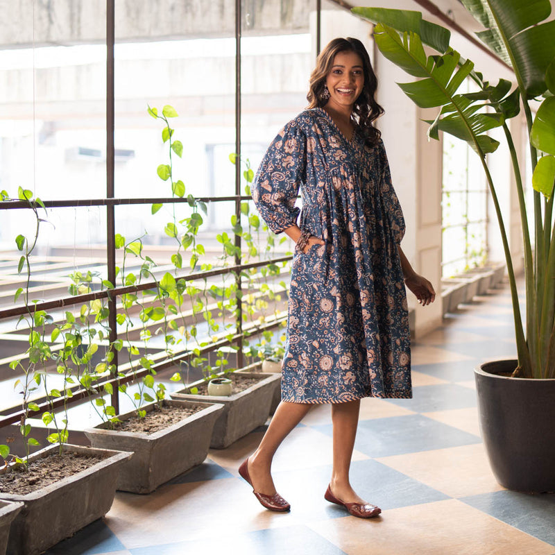 Akiso - Blue Block Printed Fit and Flare Dress