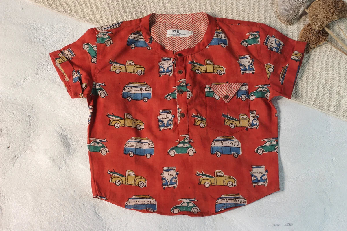 Chhapa - Bagru Maroon Retro Camper Van Shirt
