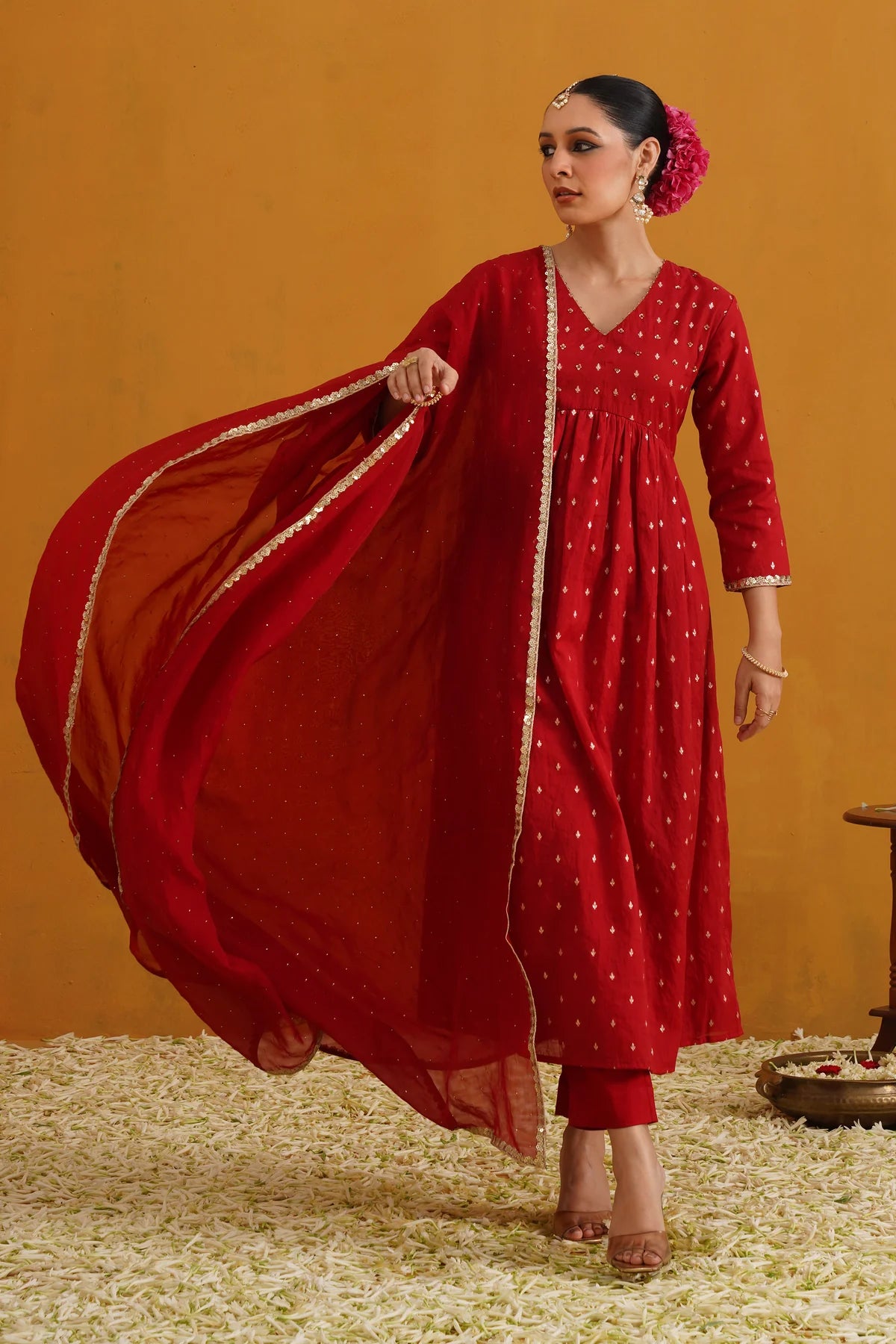 Murraya - Red Vermilion Embroidered Banarasi Kurta Set of 3