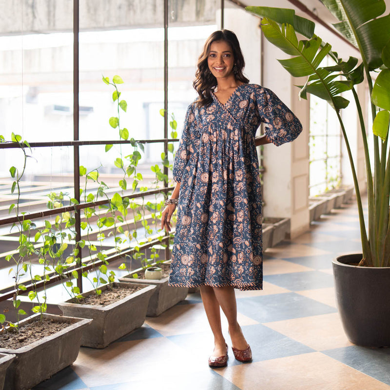 Akiso - Blue Block Printed Fit and Flare Dress