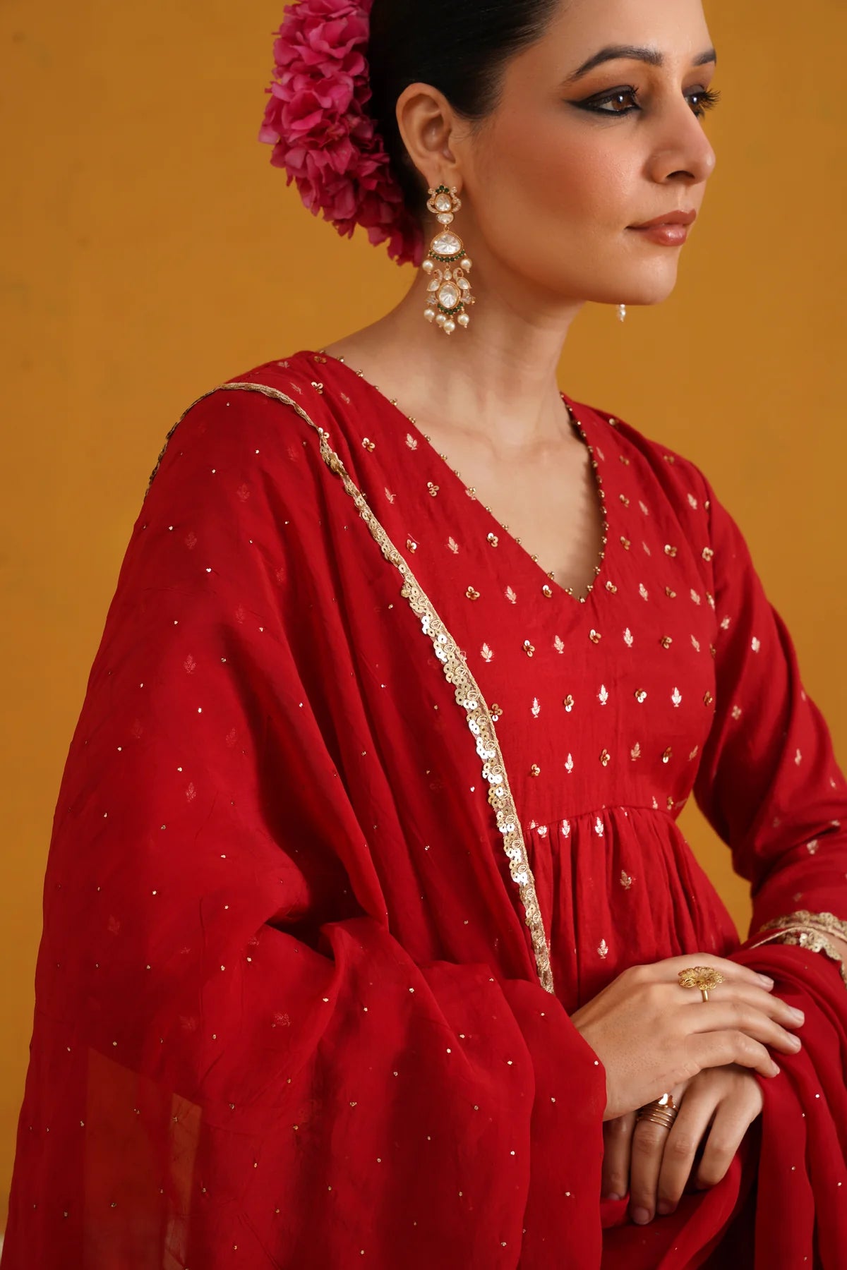 Murraya - Red Vermilion Embroidered Banarasi Kurta Set of 3