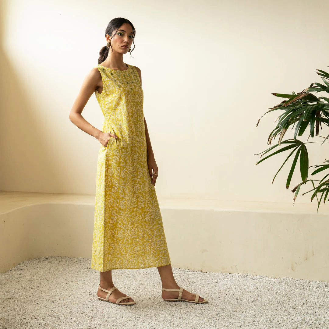 Akiso - Chartreuse green hand block printed straight fit dress