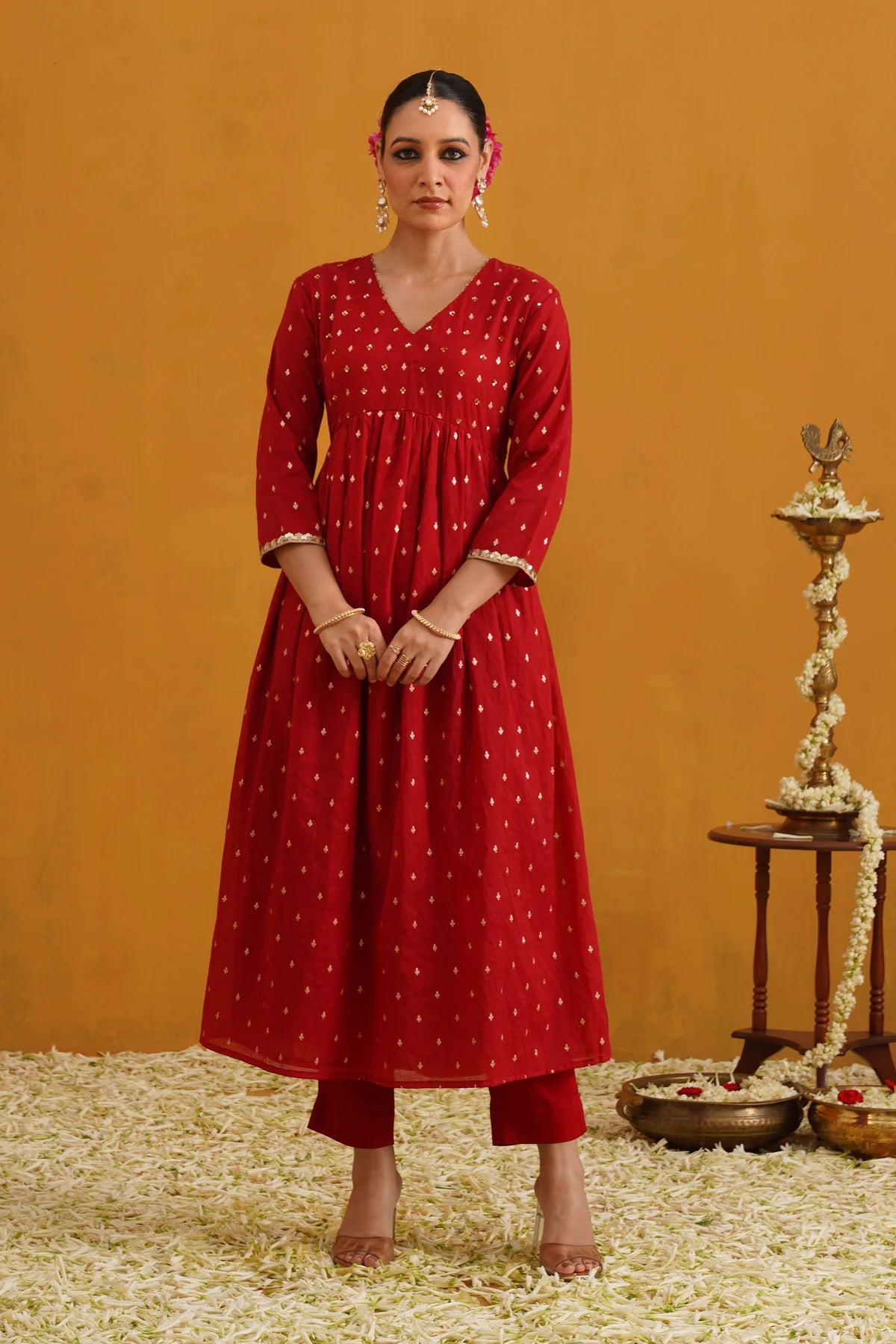 Murraya - Red Vermilion Embroidered Banarasi Kurta Set of 3