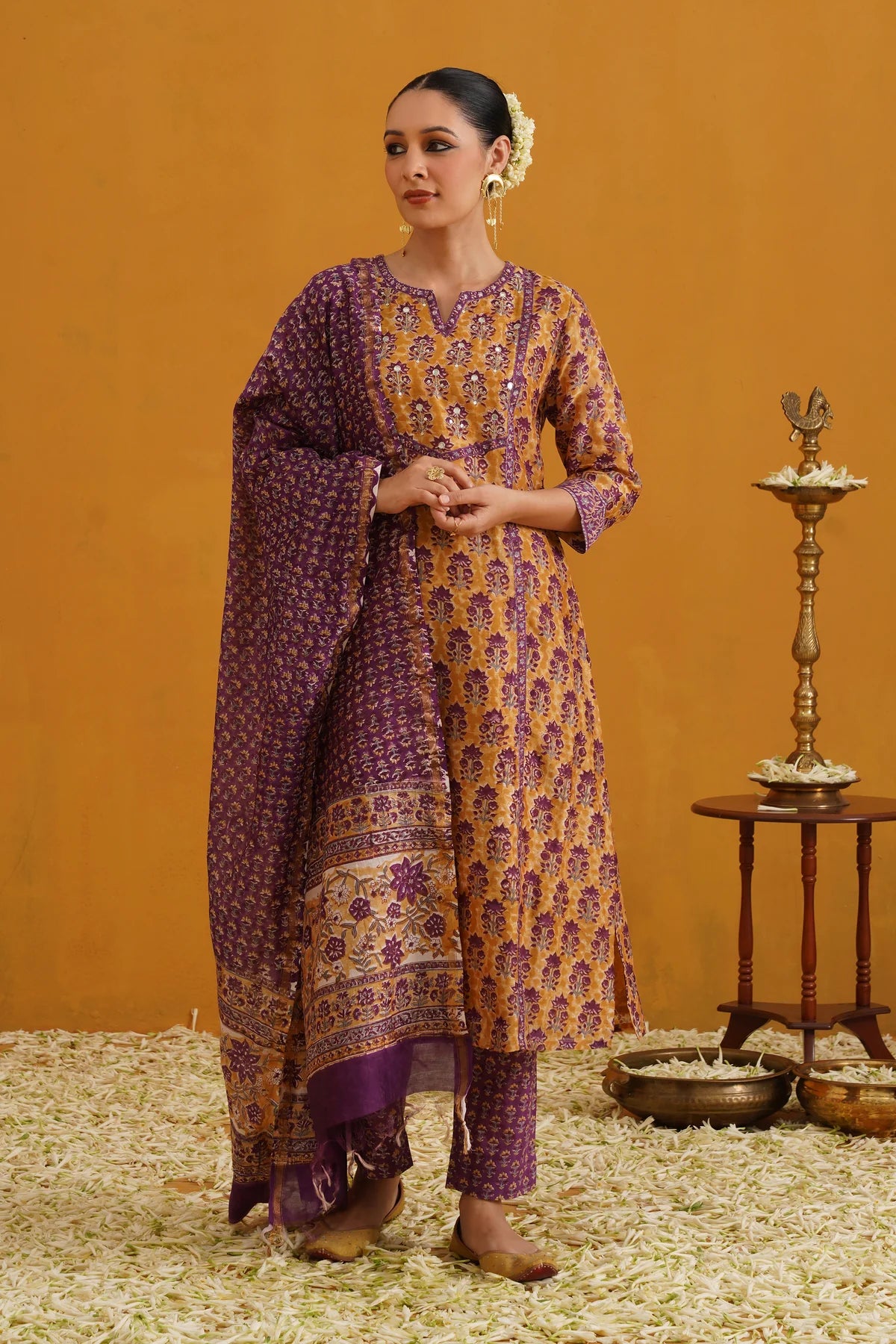 Murraya - Mustard Molly Embroidered Chanderi Kurta Set of 3