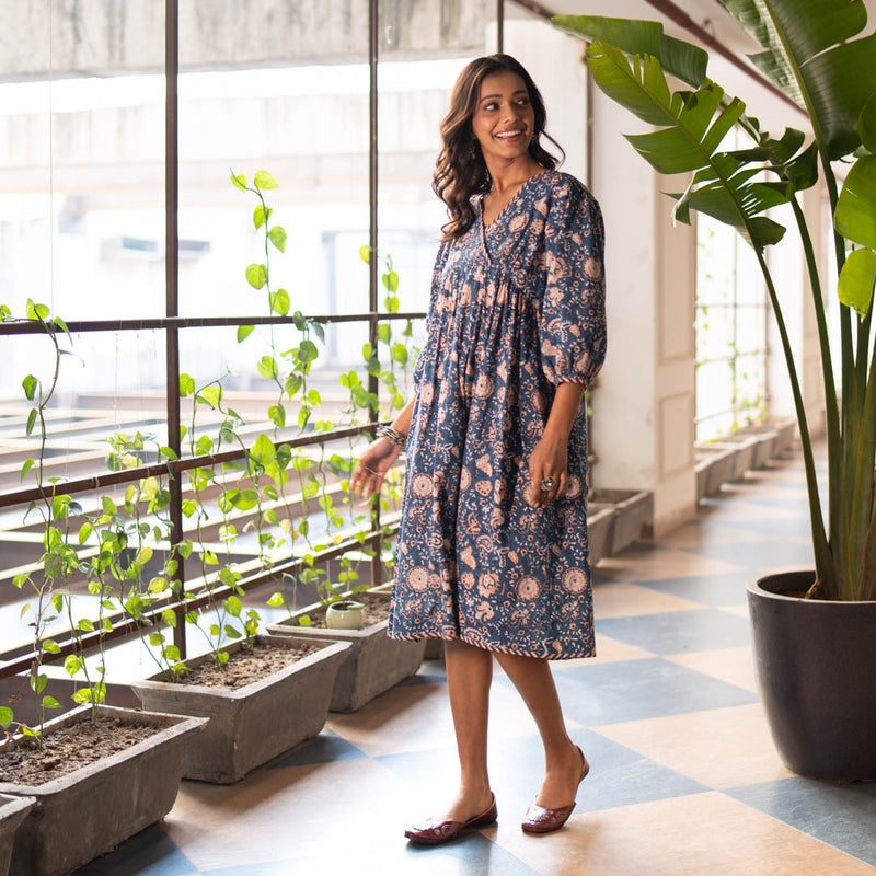 Akiso - Blue Block Printed Fit and Flare Dress