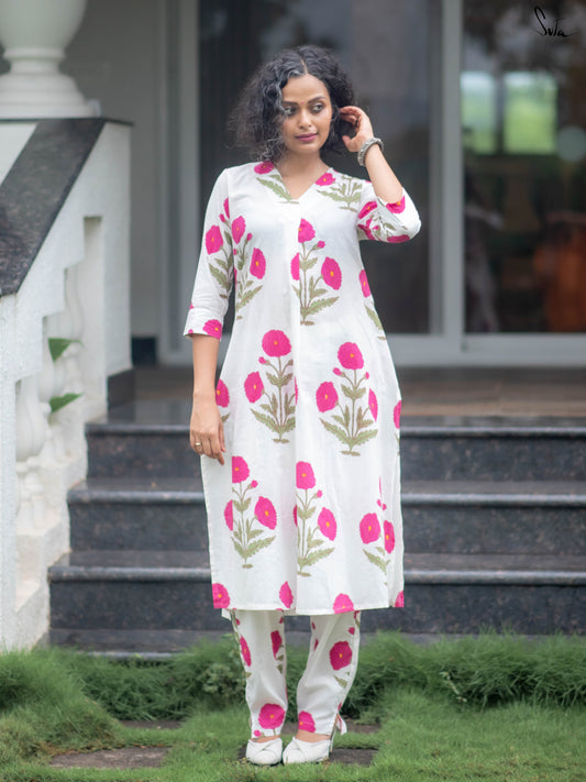 SUTA - White Cotton V Neck Cotton Kurta Set
