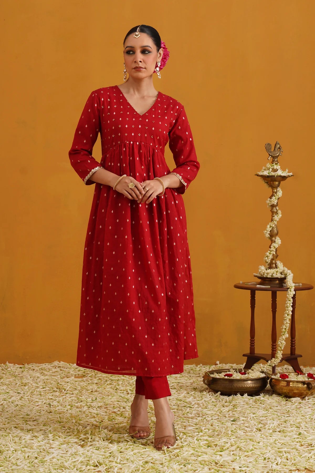 Murraya - Red Vermilion Embroidered Banarasi Kurta Set of 3