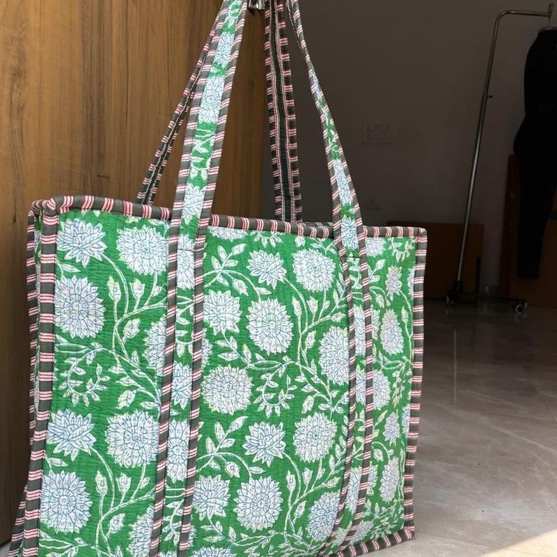 Midautumn Rains - Green Floral Jaipur Tote Bag