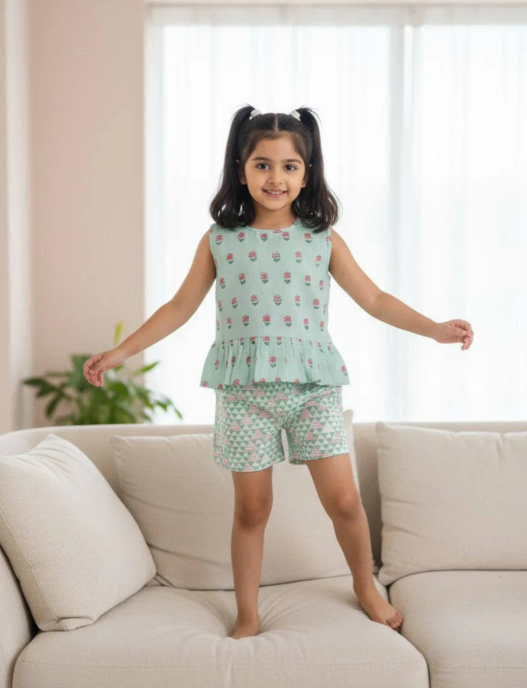 Chhapa - MINT FLOWER TOP & SHORTS SET
