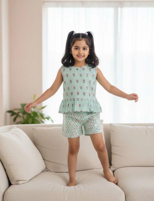 Chhapa - MINT FLOWER TOP & SHORTS SET