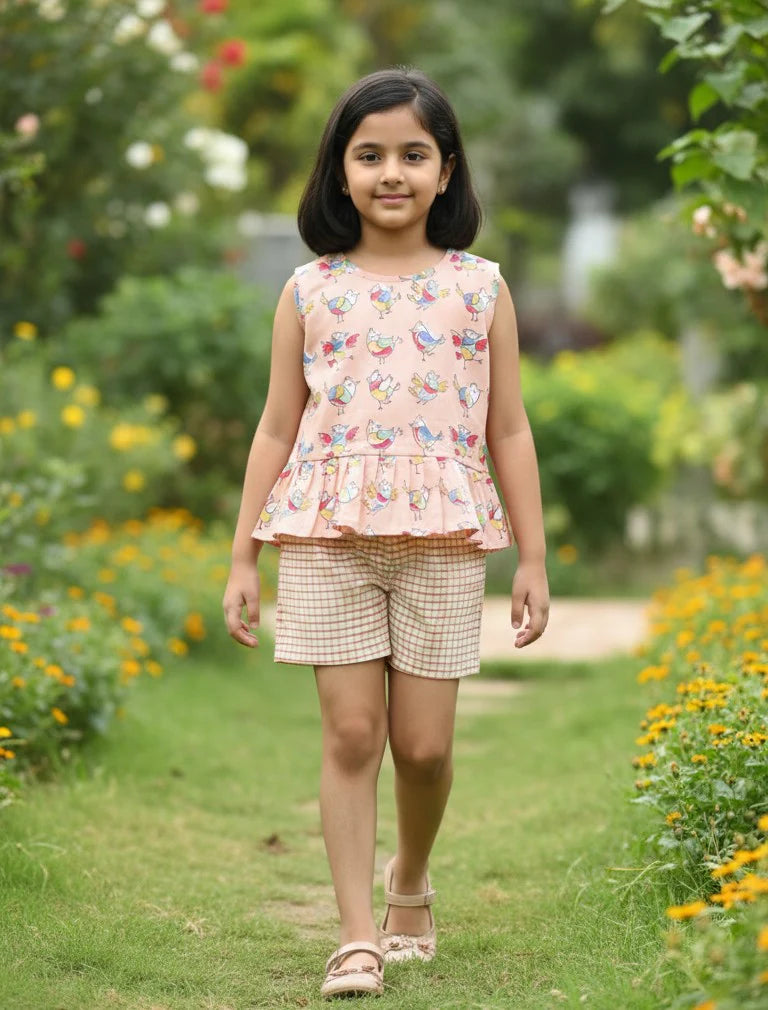 Chhapa - PEACH BIRDS TOP & SHORTS SET