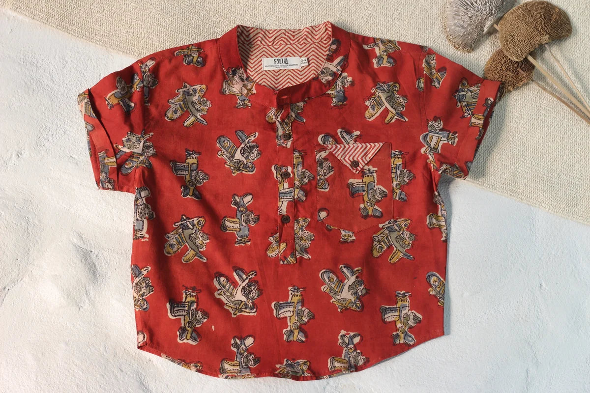 Chhapa - Bagru Maroon Plane Shirt