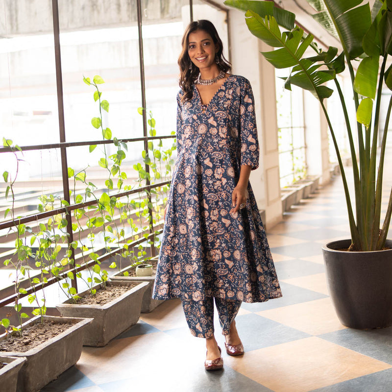 Akiso - Blue Block Printed Anarkali