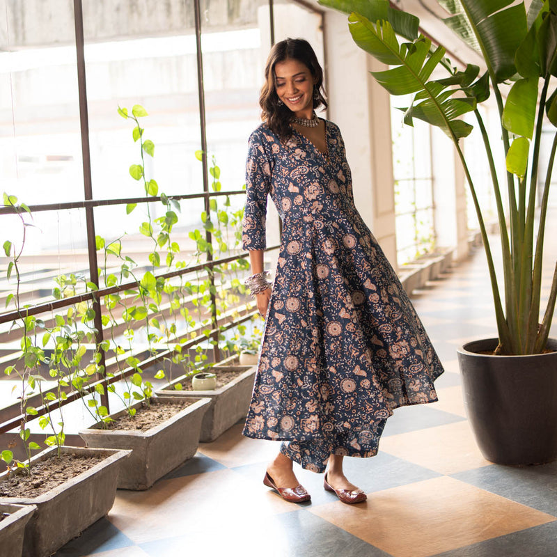 Akiso - Blue Block Printed Anarkali