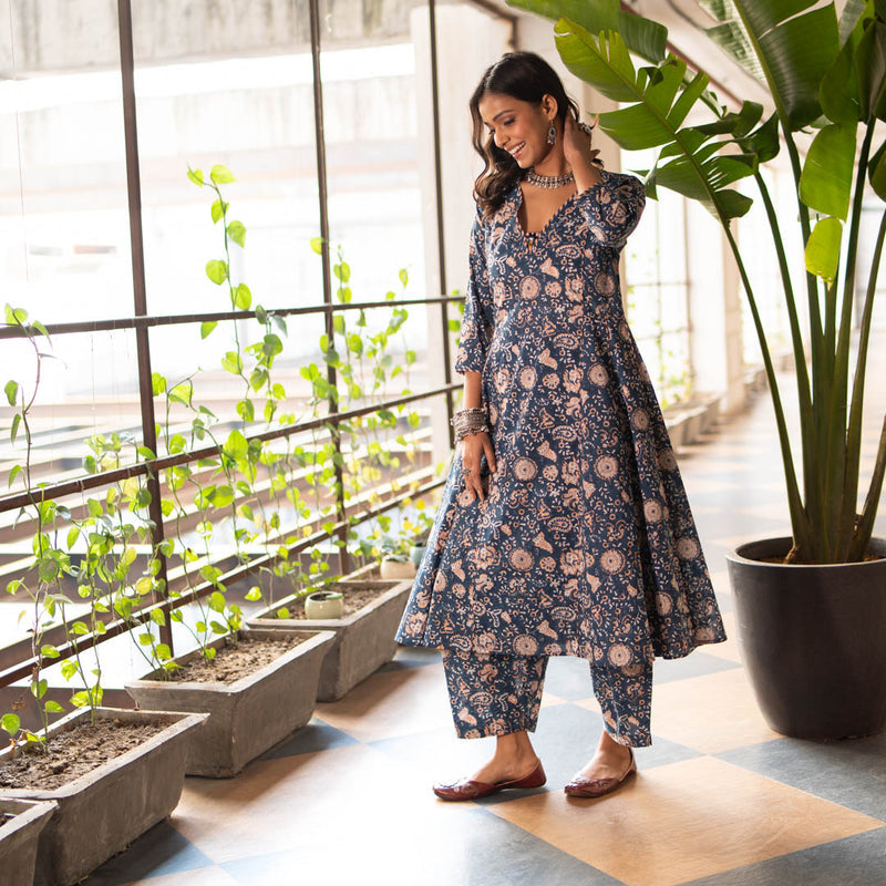 Akiso - Blue Block Printed Anarkali