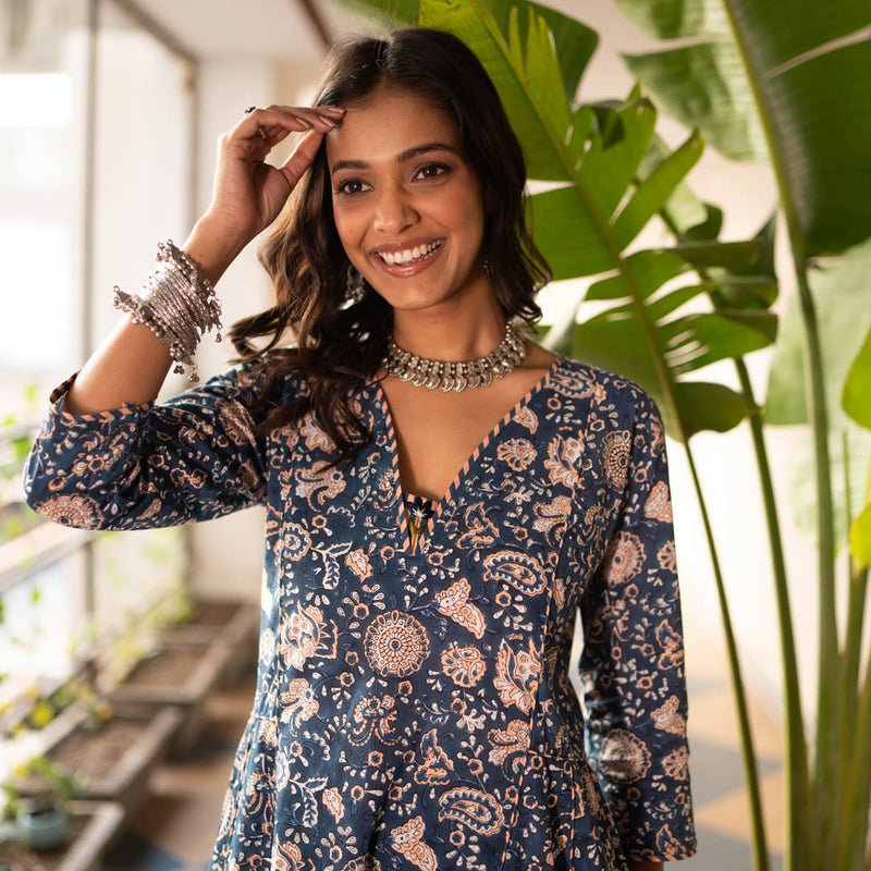 Akiso - Blue Block Printed Anarkali